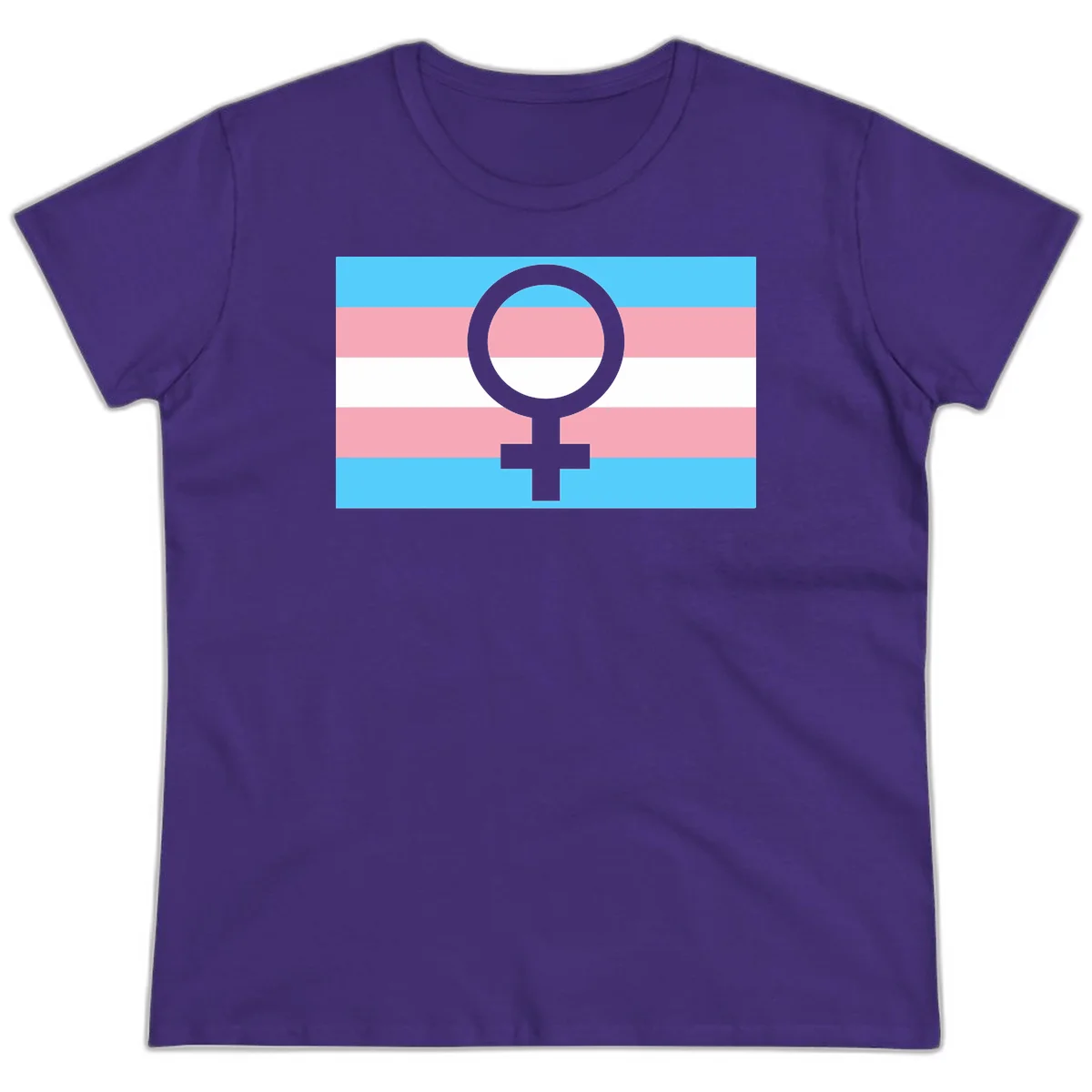 Gray female symbol centered on trans pride flag with cyan, pink, and white horizontal stripes in Purple