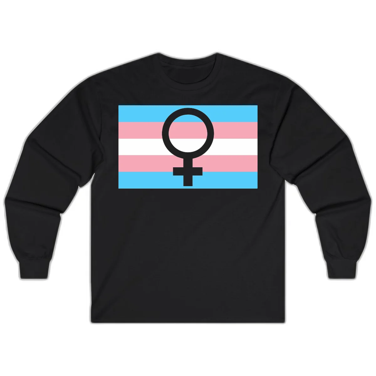 Gray female symbol centered on trans pride flag with cyan, pink, and white horizontal stripes in Black