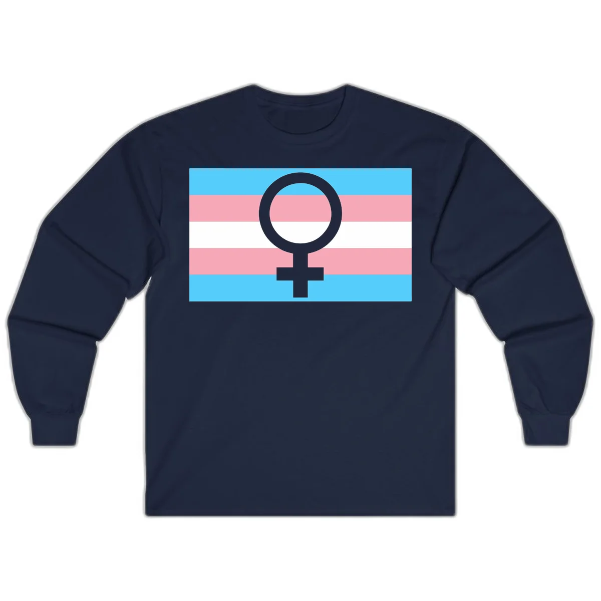 Gray female symbol centered on trans pride flag with cyan, pink, and white horizontal stripes in Navy