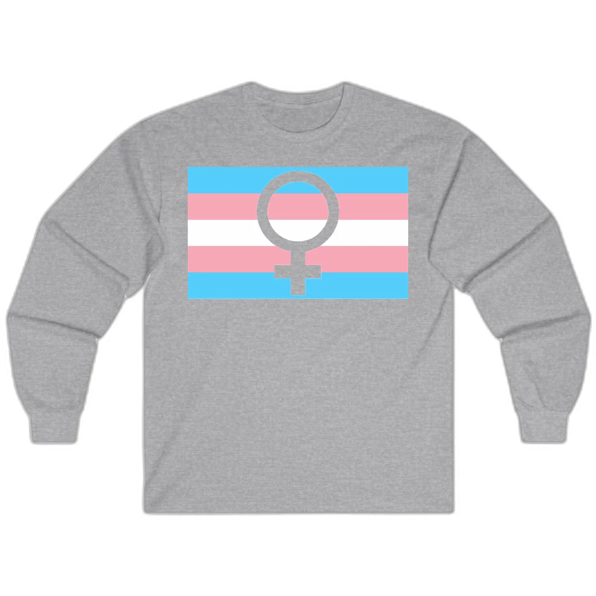 Gray female symbol centered on trans pride flag with cyan, pink, and white horizontal stripes in Sport Grey