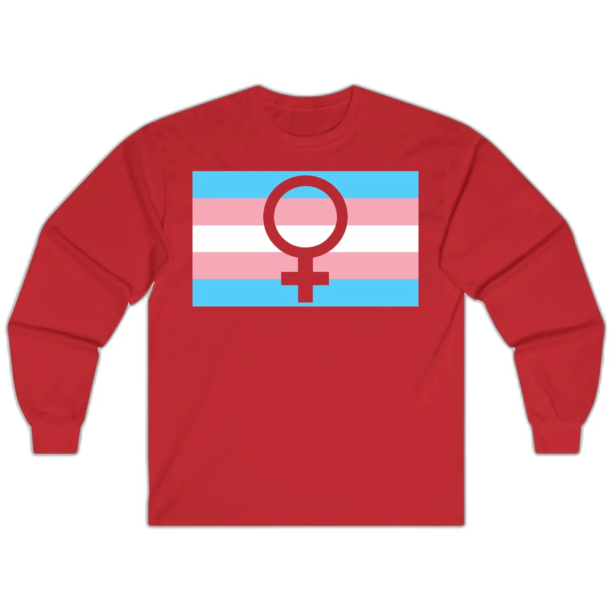 Gray female symbol centered on trans pride flag with cyan, pink, and white horizontal stripes in Red