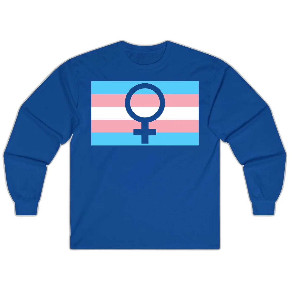 Gray female symbol centered on trans pride flag with cyan, pink, and white horizontal stripes in Royal