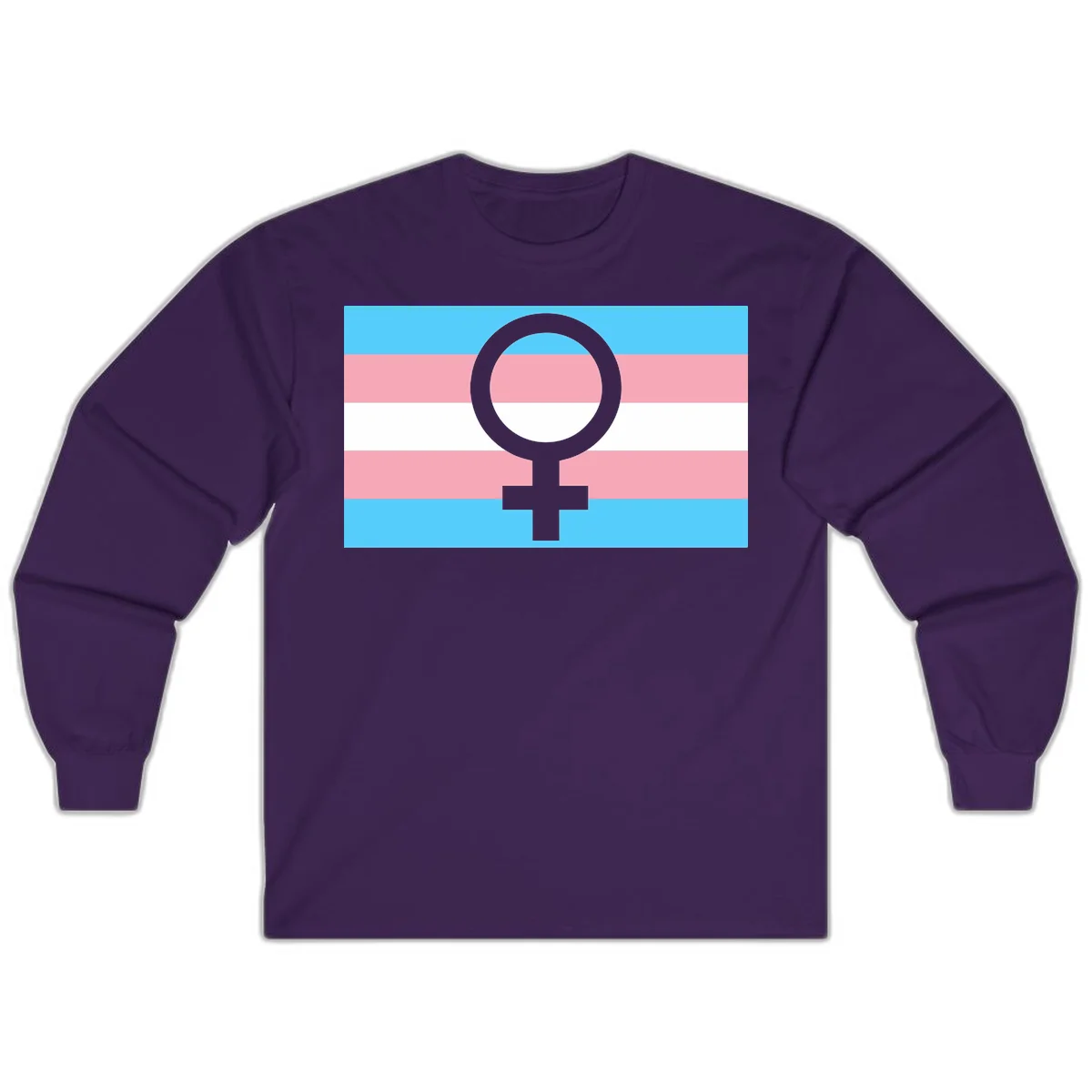 Gray female symbol centered on trans pride flag with cyan, pink, and white horizontal stripes in Purple