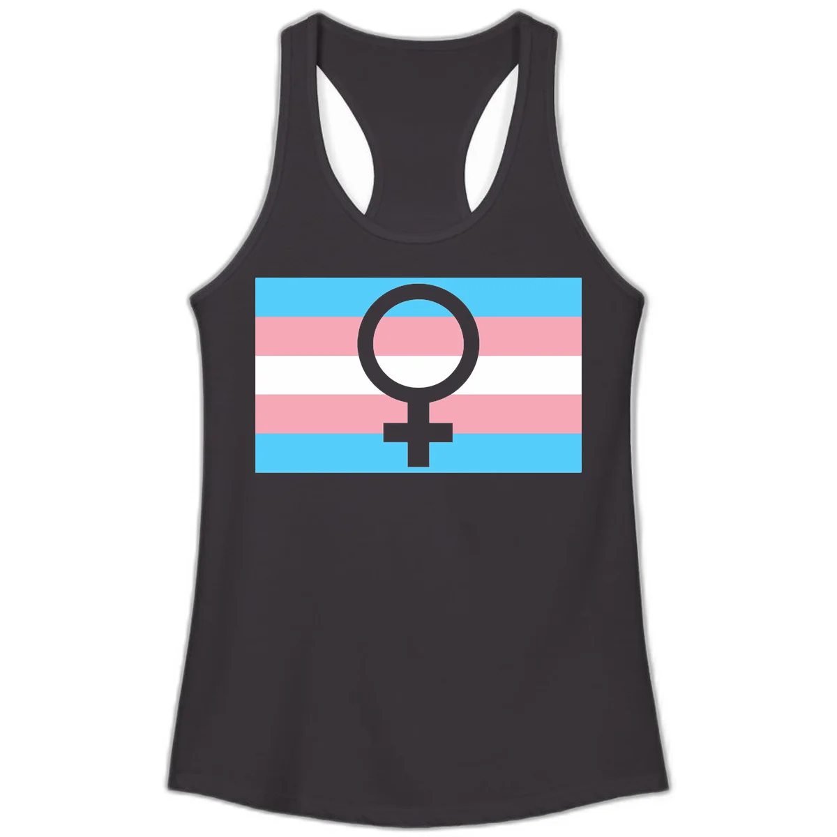 Gray female symbol centered on trans pride flag with cyan, pink, and white horizontal stripes in Black
