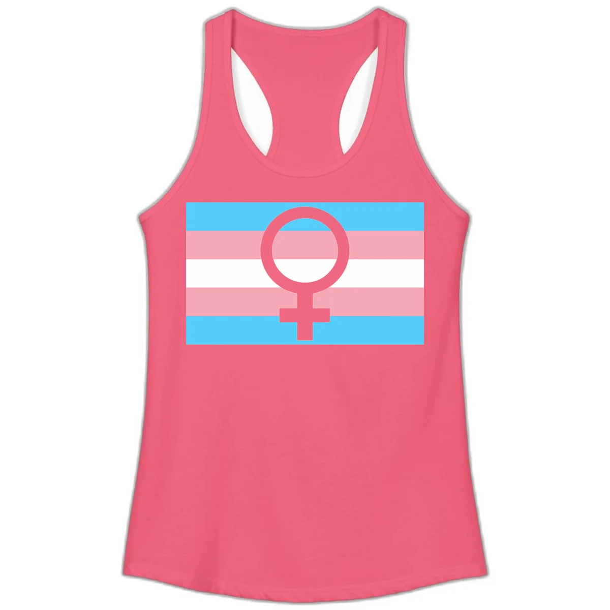 Gray female symbol centered on trans pride flag with cyan, pink, and white horizontal stripes in Hot Pink