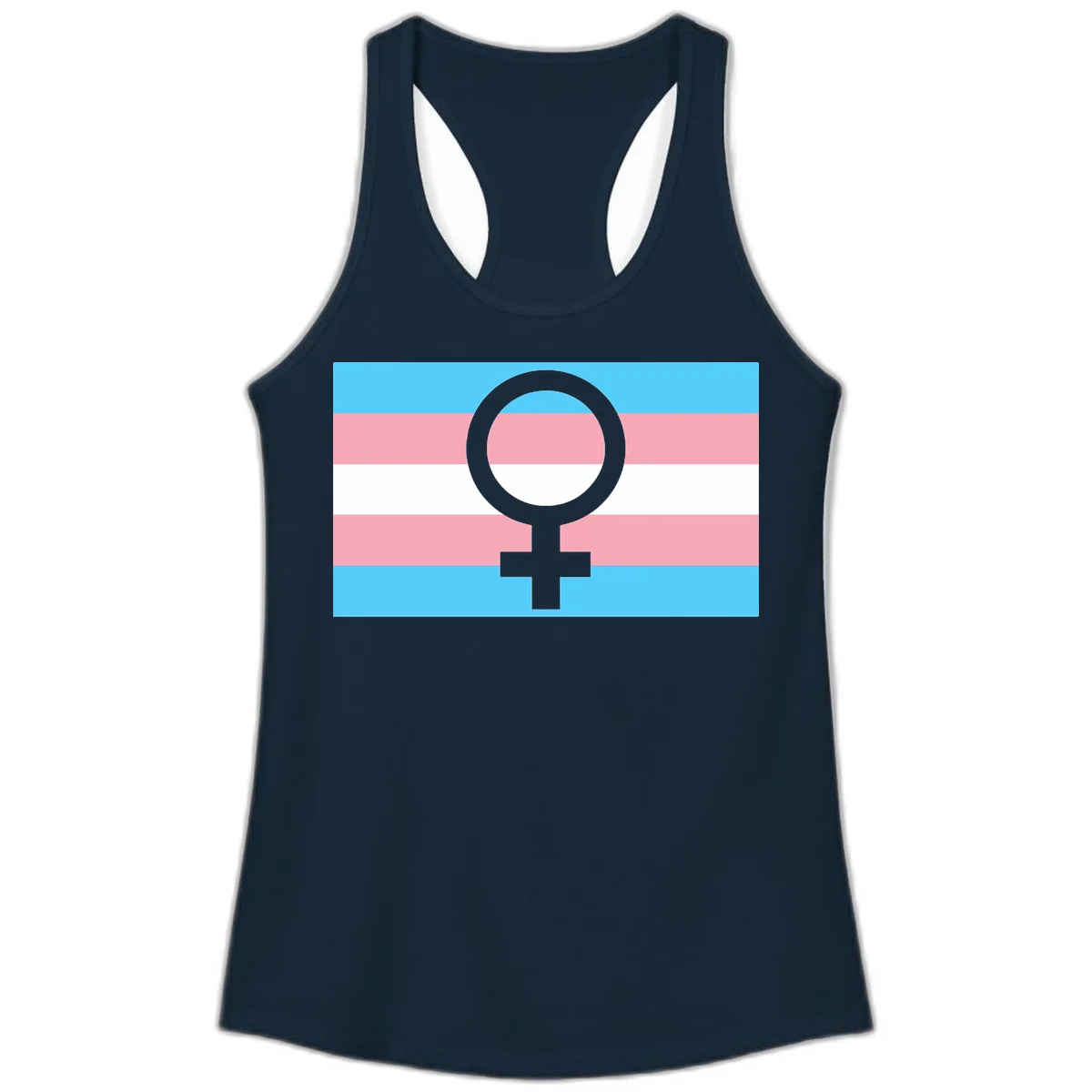 Gray female symbol centered on trans pride flag with cyan, pink, and white horizontal stripes in Solid Midnight Navy