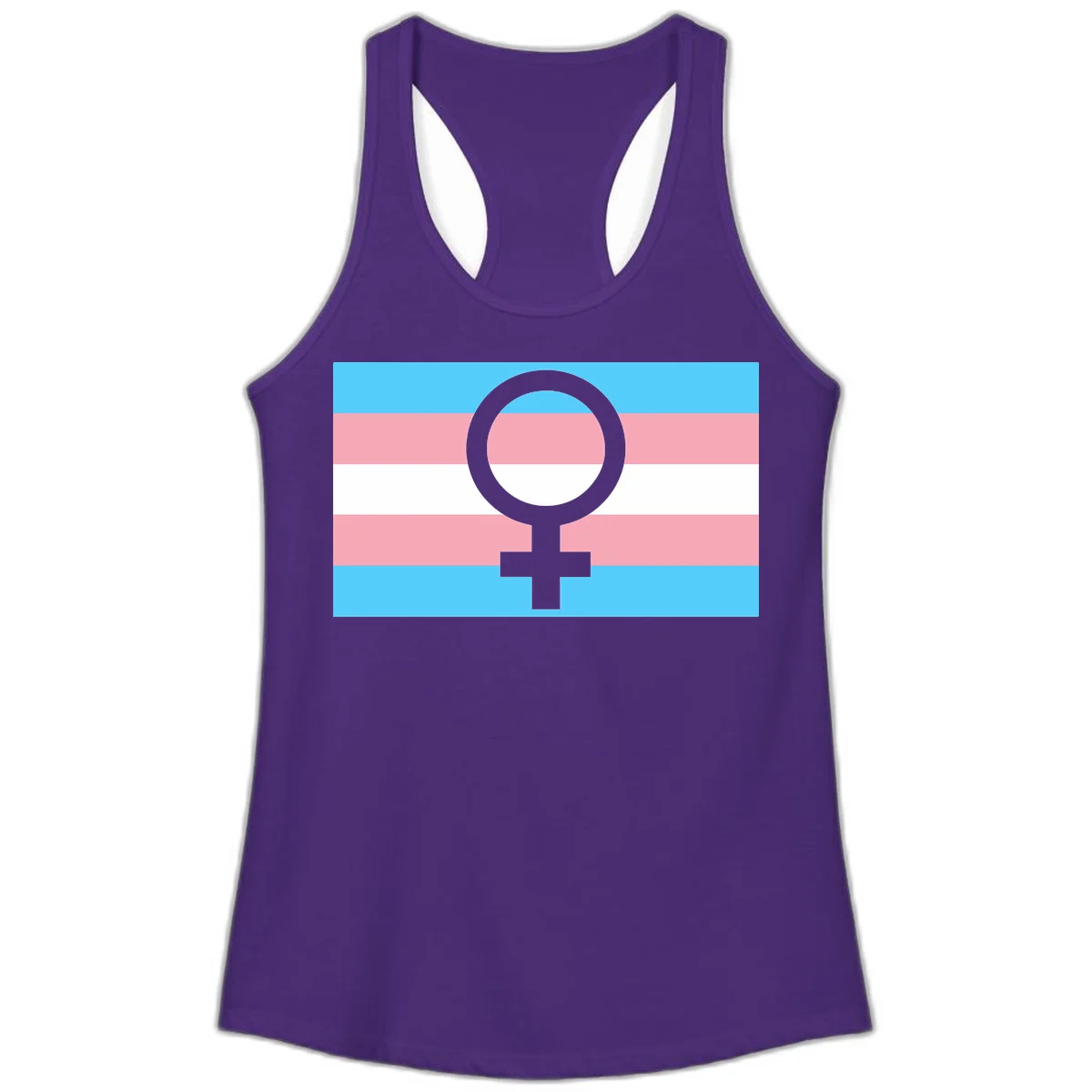Gray female symbol centered on trans pride flag with cyan, pink, and white horizontal stripes in Solid Purple Rush