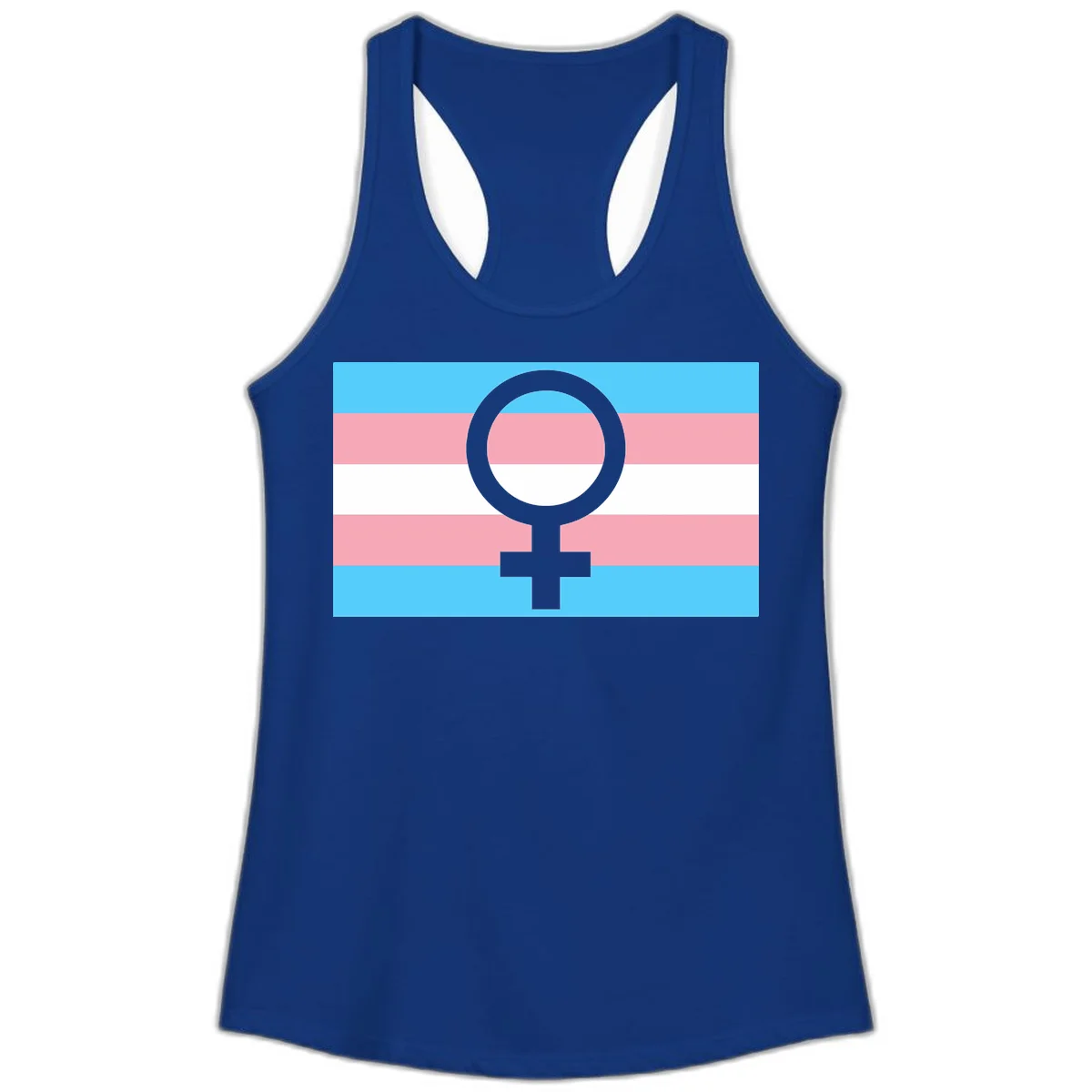 Gray female symbol centered on trans pride flag with cyan, pink, and white horizontal stripes in Solid Royal