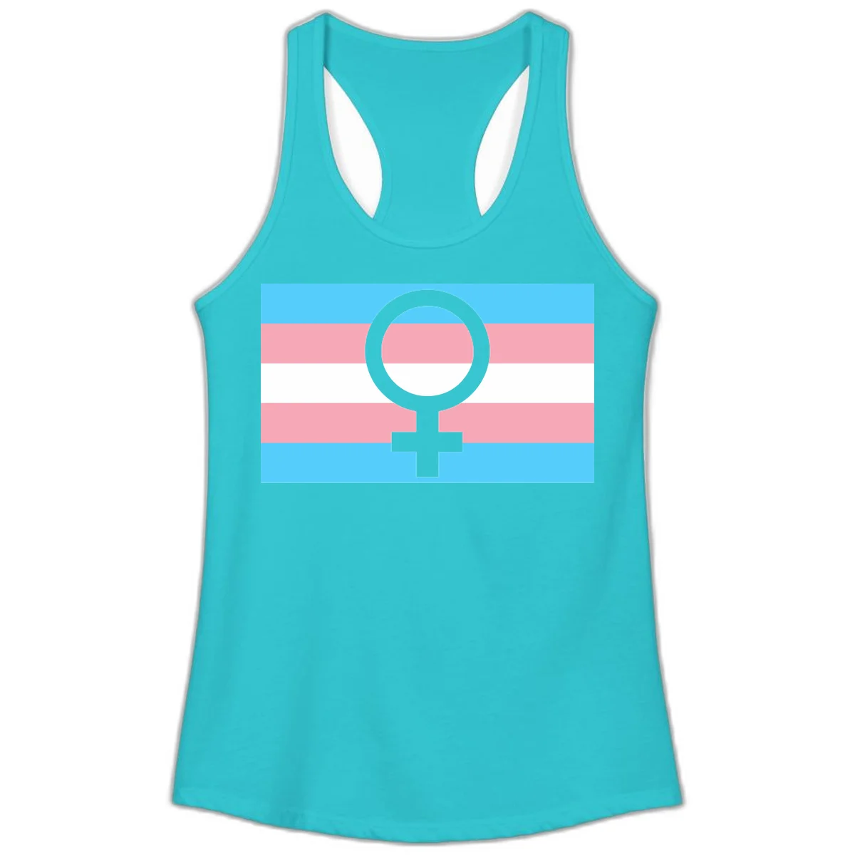 Gray female symbol centered on trans pride flag with cyan, pink, and white horizontal stripes in Solid Tahiti Blue
