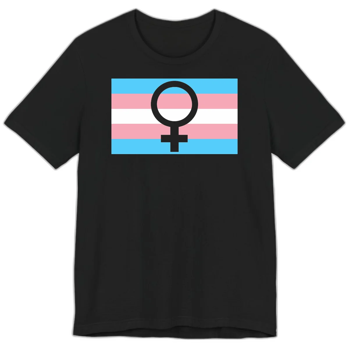 Gray female symbol centered on trans pride flag with cyan, pink, and white horizontal stripes in Black