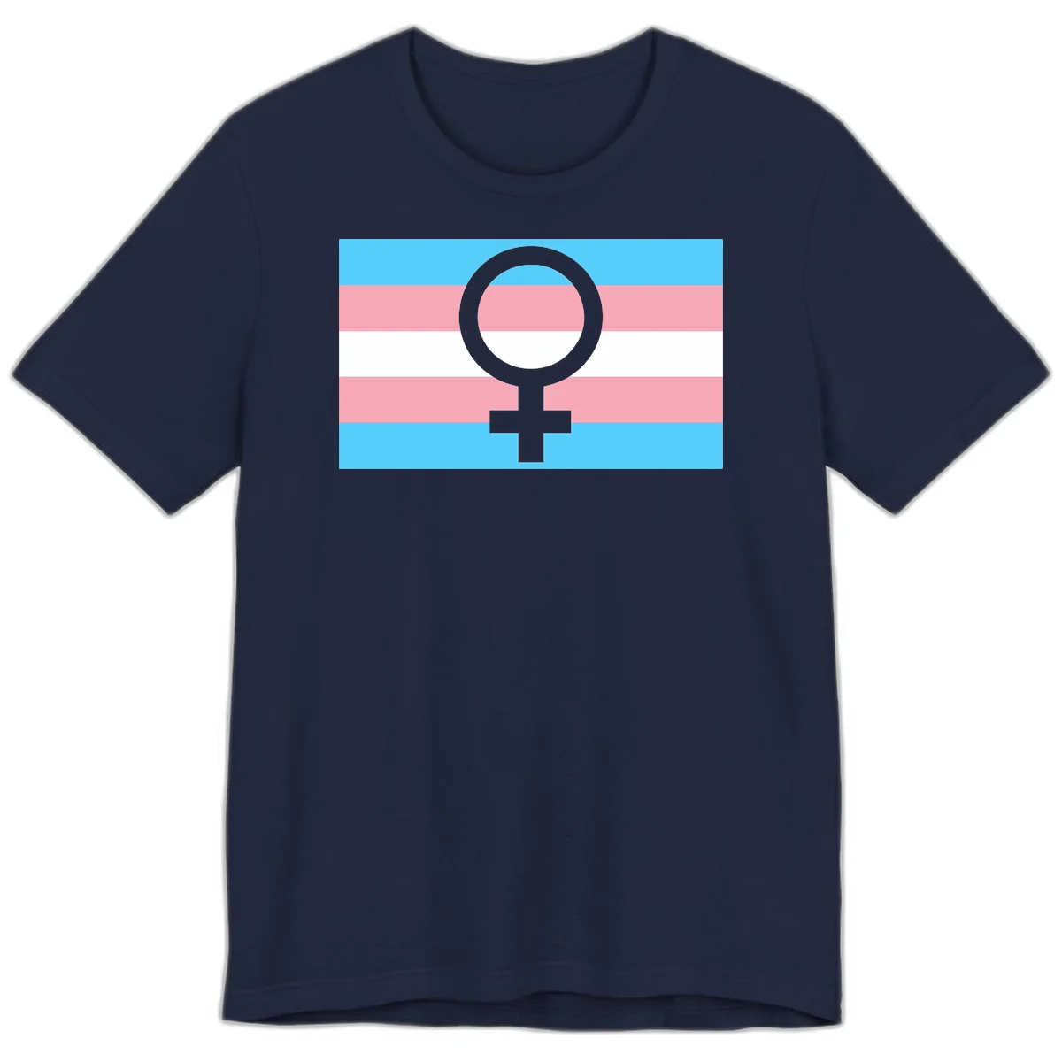Gray female symbol centered on trans pride flag with cyan, pink, and white horizontal stripes in Navy