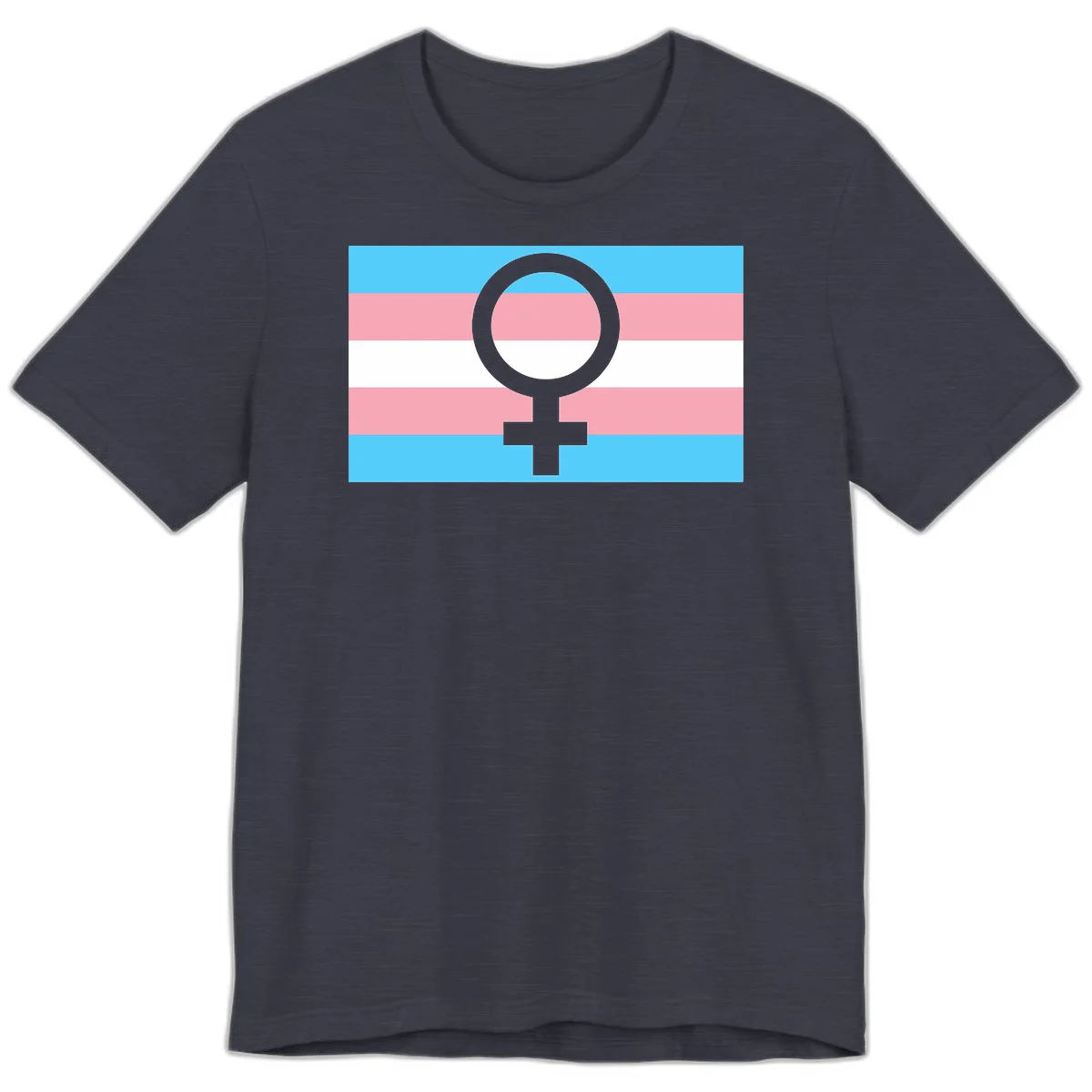 Gray female symbol centered on trans pride flag with cyan, pink, and white horizontal stripes in Heather Midnight Navy
