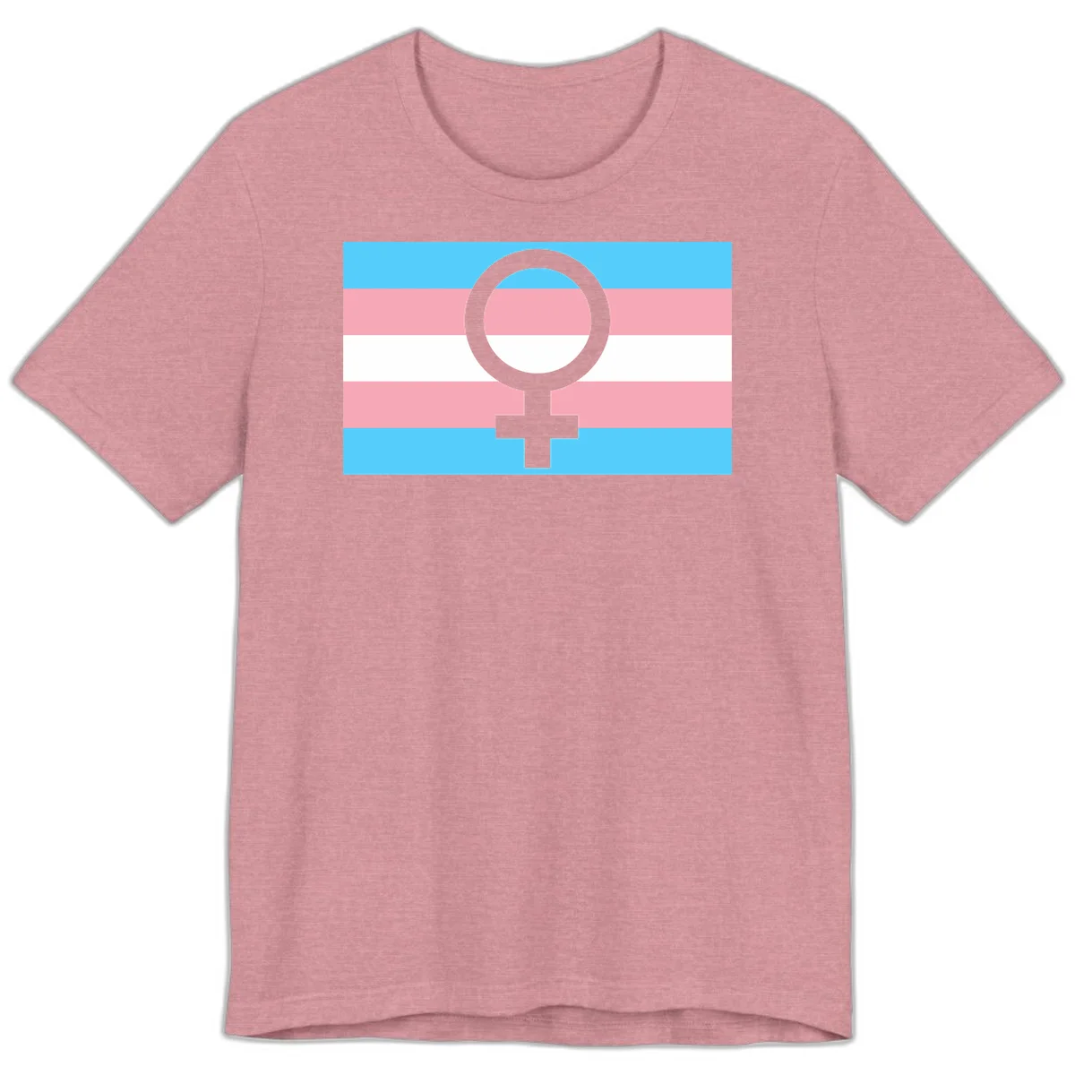 Gray female symbol centered on trans pride flag with cyan, pink, and white horizontal stripes in Heather Orchid