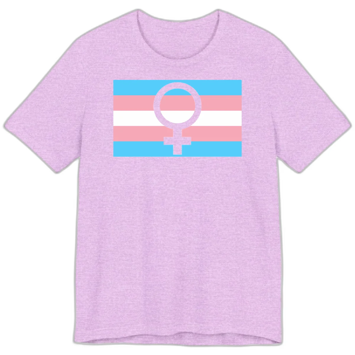 Gray female symbol centered on trans pride flag with cyan, pink, and white horizontal stripes in Heather Prism Lilac