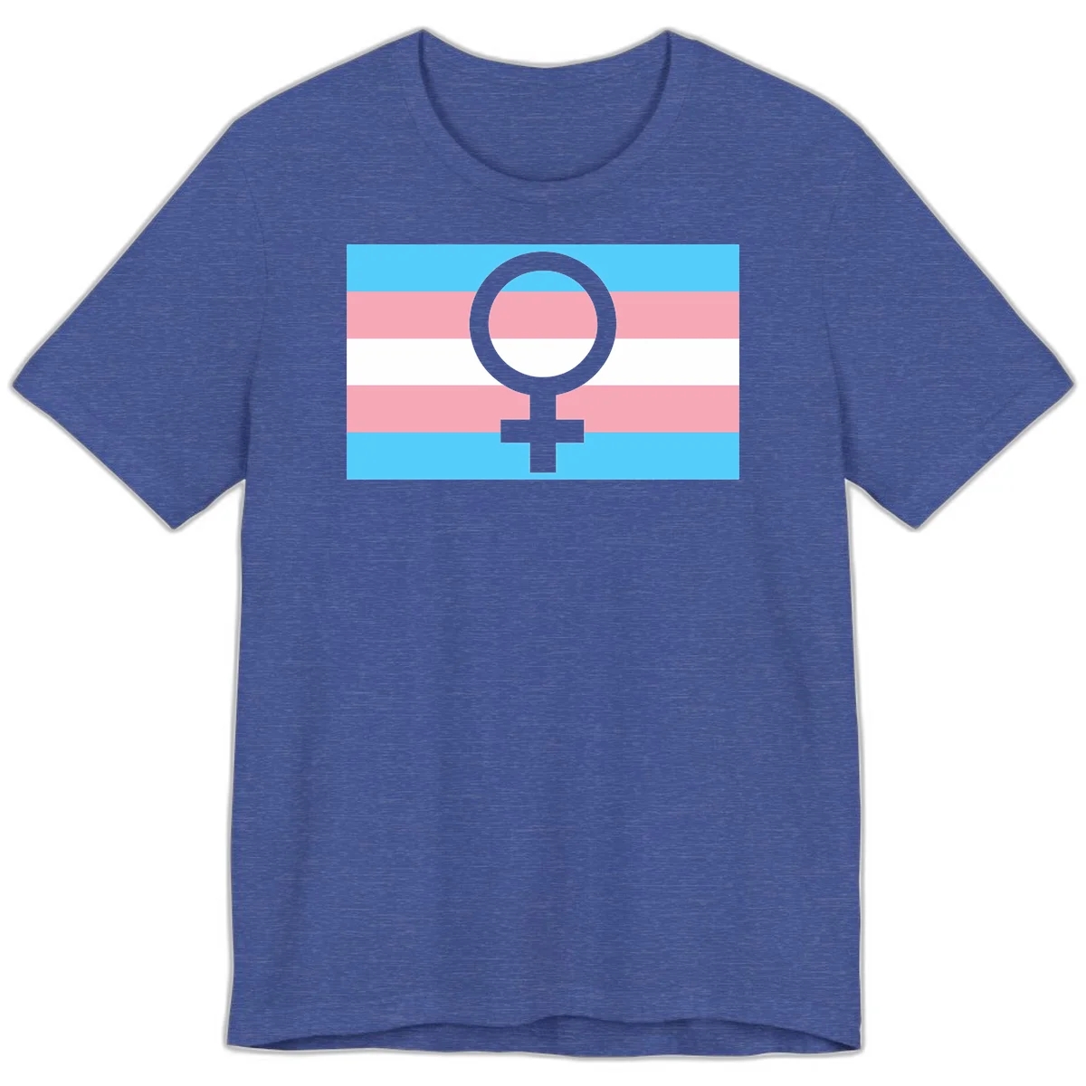 Gray female symbol centered on trans pride flag with cyan, pink, and white horizontal stripes in Heather True Royal