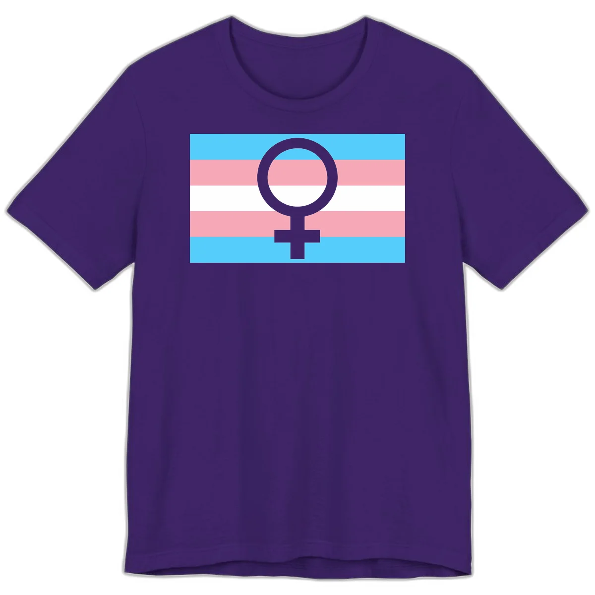 Gray female symbol centered on trans pride flag with cyan, pink, and white horizontal stripes in Team Purple