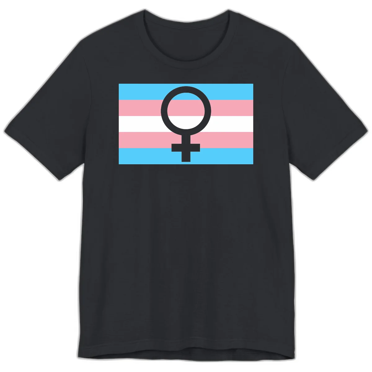Gray female symbol centered on trans pride flag with cyan, pink, and white horizontal stripes in Vintage Black