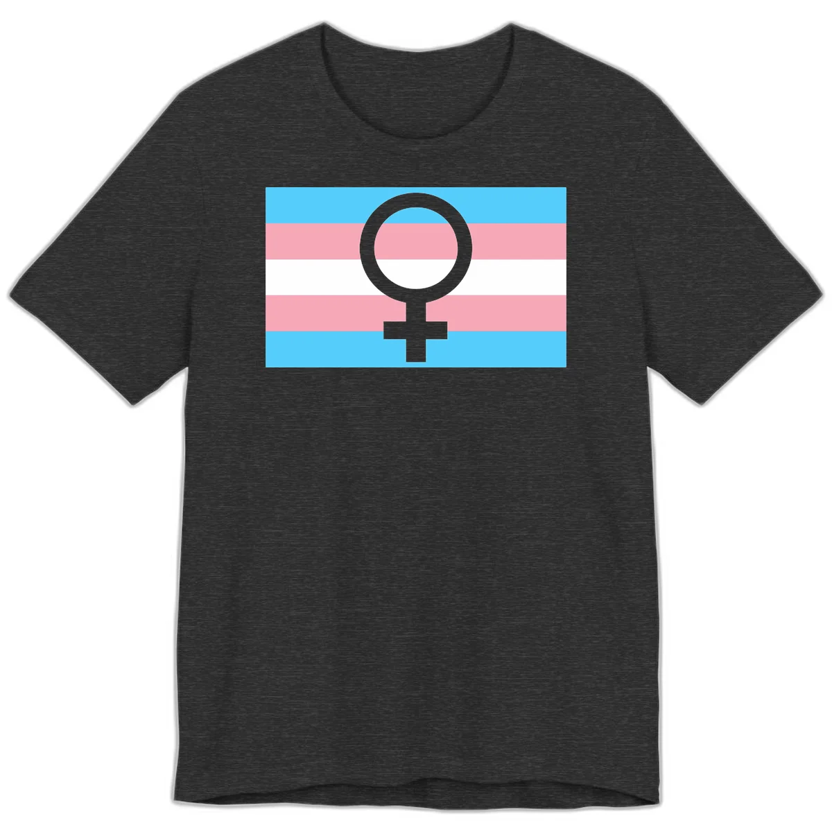 Gray female symbol centered on trans pride flag with cyan, pink, and white horizontal stripes in Dark Grey Heather