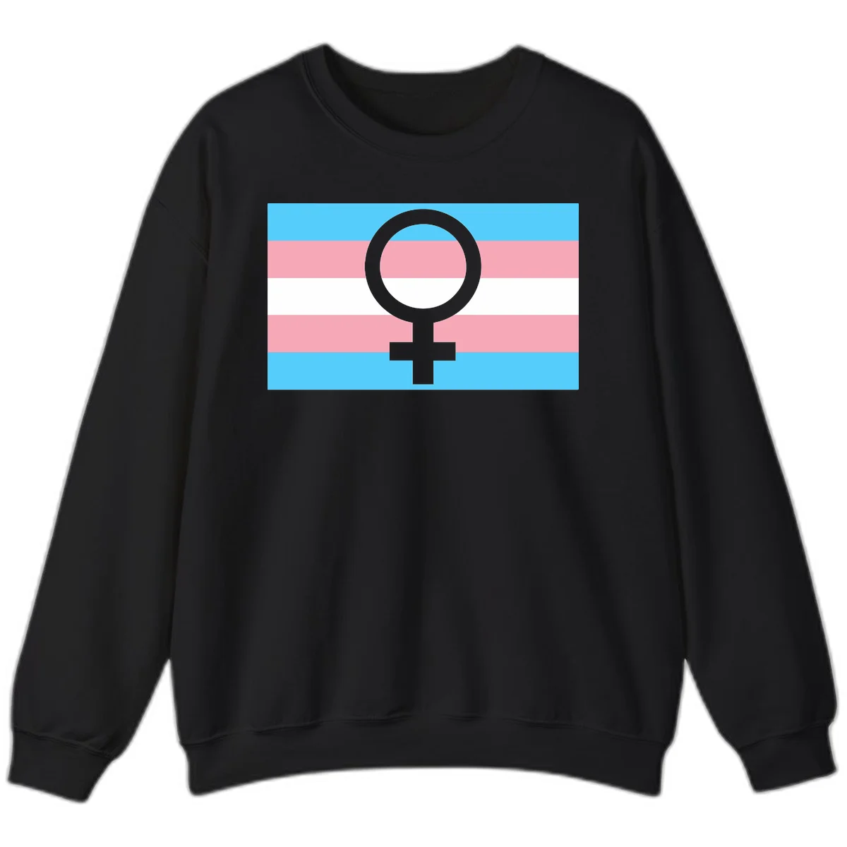 Gray female symbol centered on trans pride flag with cyan, pink, and white horizontal stripes in Black