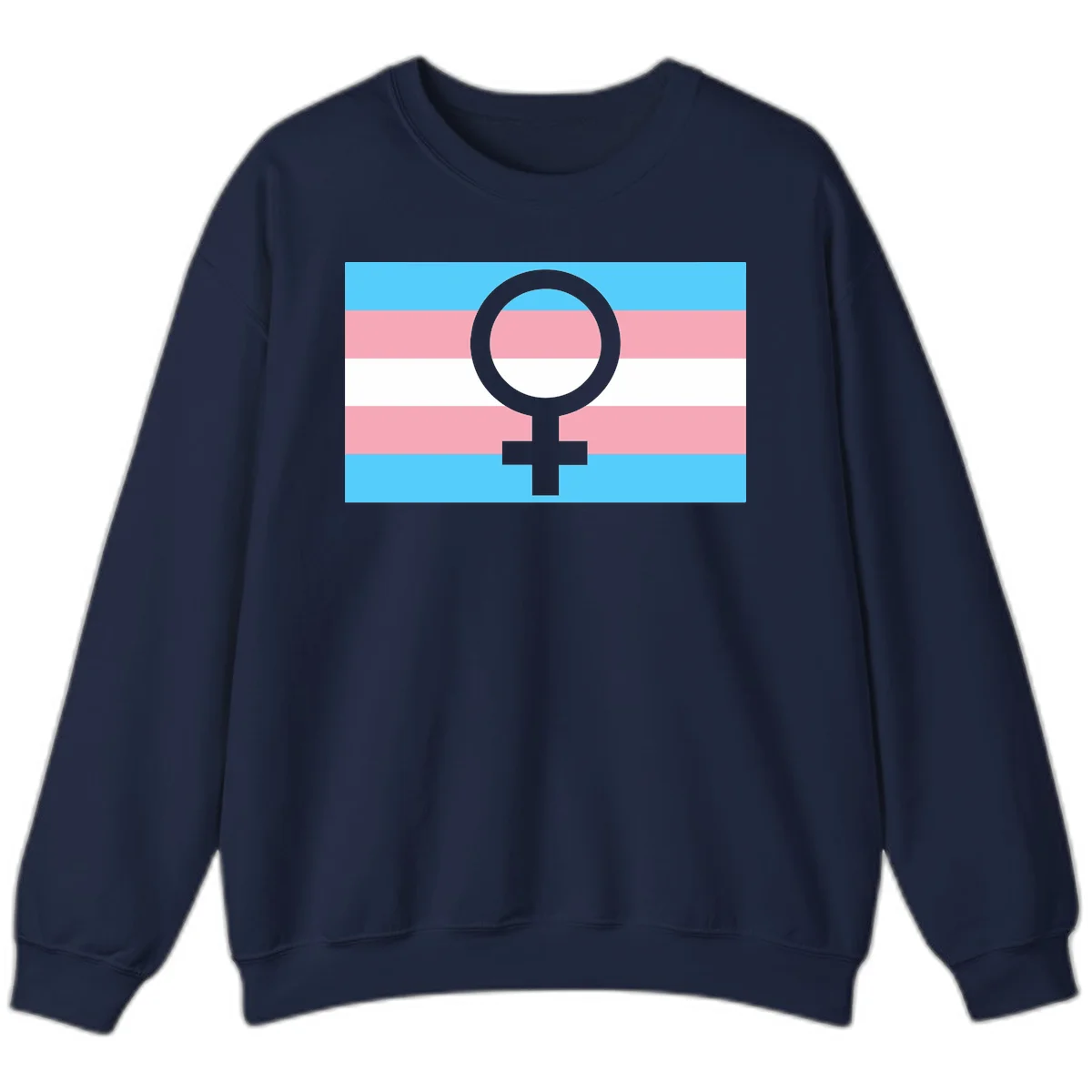 Gray female symbol centered on trans pride flag with cyan, pink, and white horizontal stripes in Navy