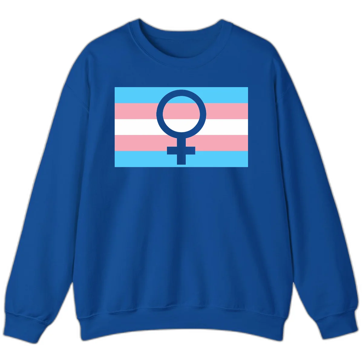 Gray female symbol centered on trans pride flag with cyan, pink, and white horizontal stripes in Royal