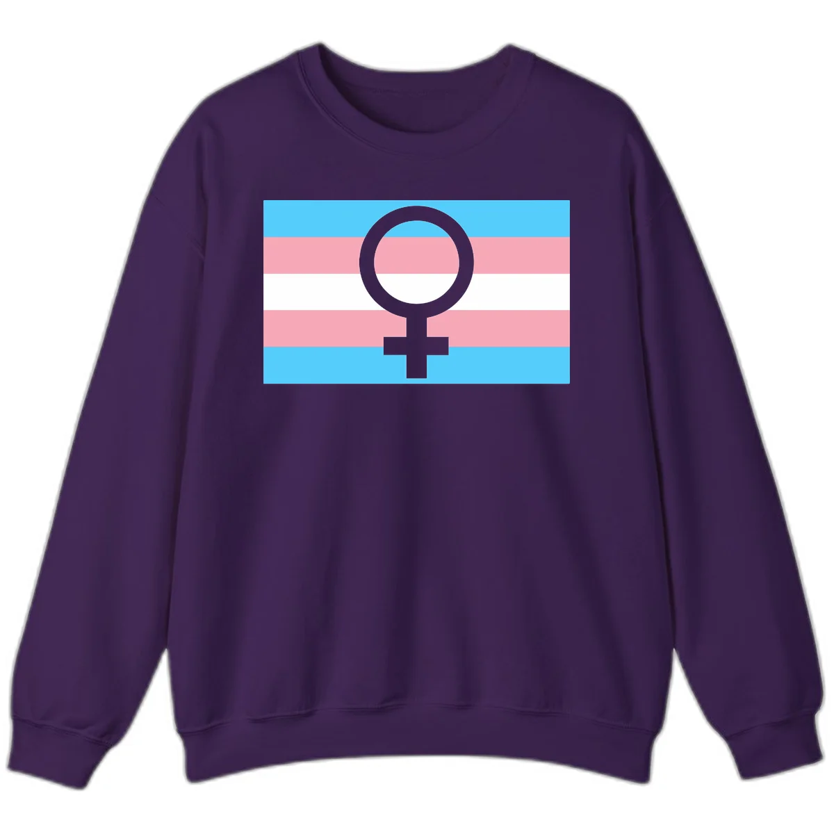 Gray female symbol centered on trans pride flag with cyan, pink, and white horizontal stripes in Purple