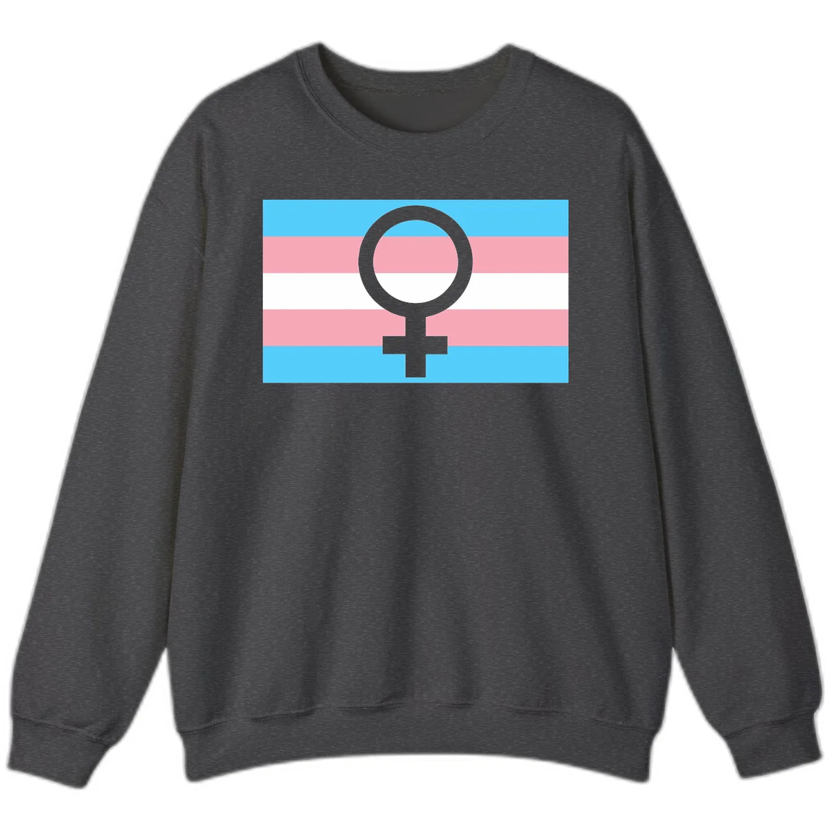 Gray female symbol centered on trans pride flag with cyan, pink, and white horizontal stripes in Dark Heather
