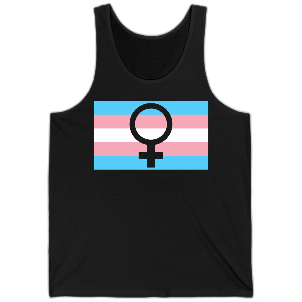 Gray female symbol centered on trans pride flag with cyan, pink, and white horizontal stripes in Black