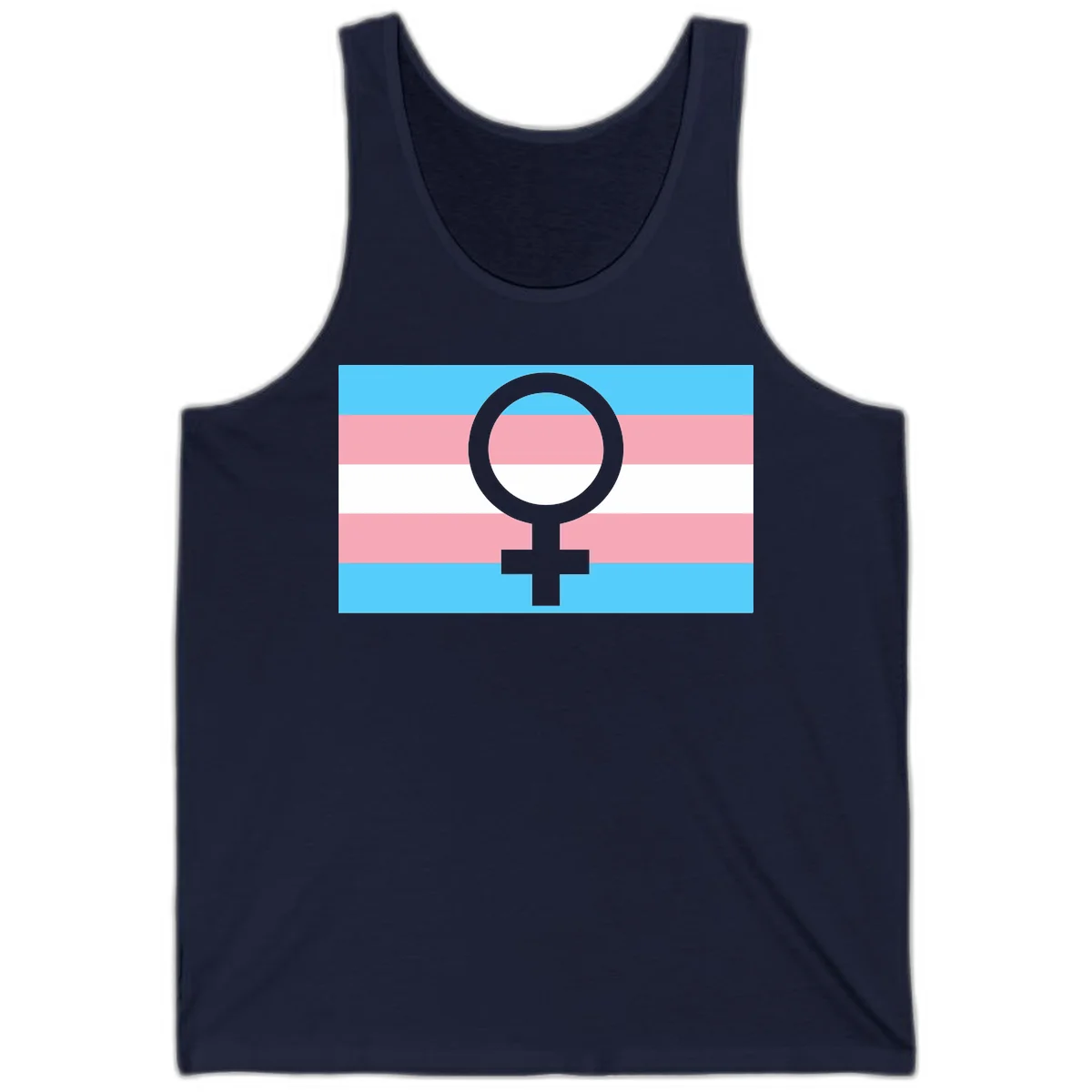 Gray female symbol centered on trans pride flag with cyan, pink, and white horizontal stripes in Navy