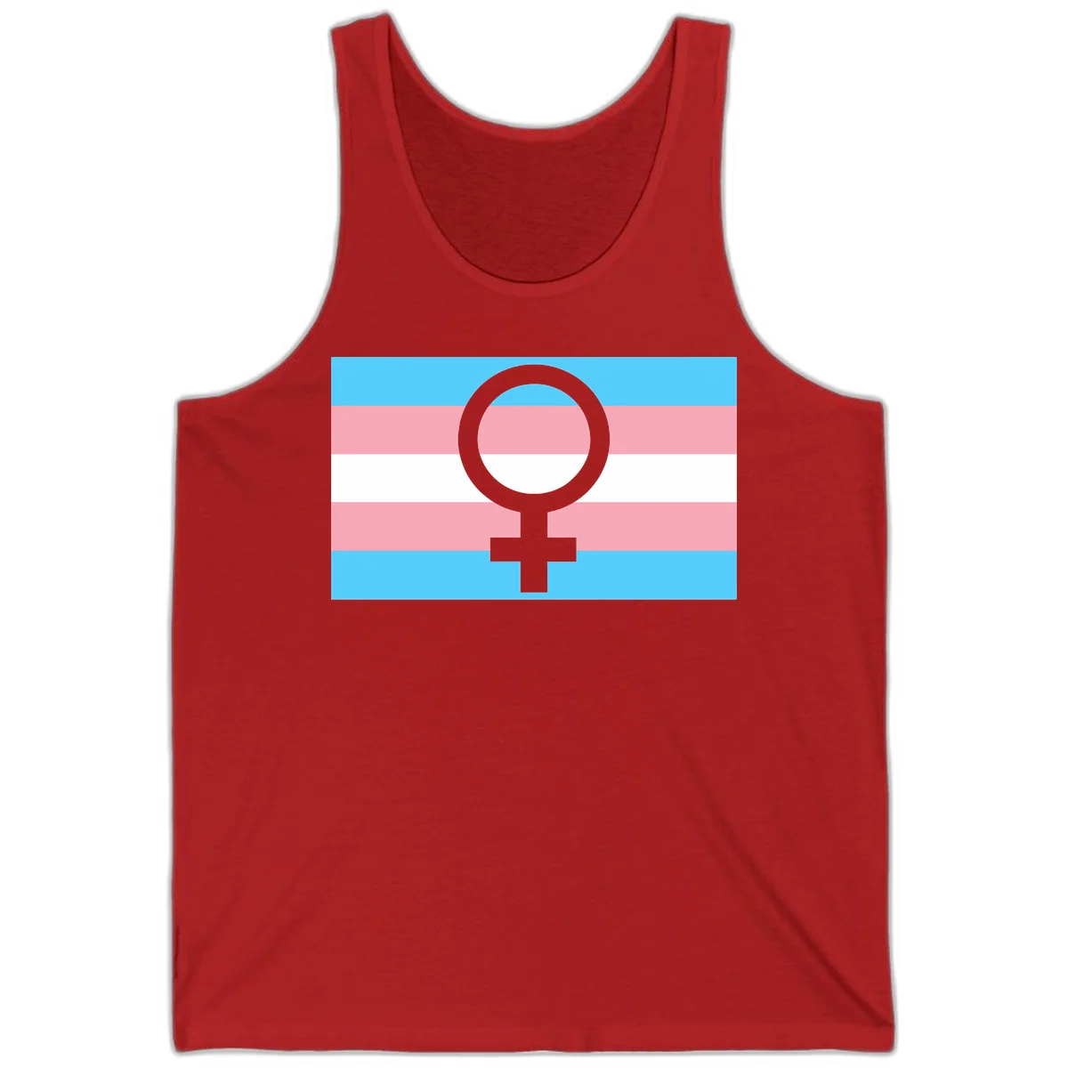 Gray female symbol centered on trans pride flag with cyan, pink, and white horizontal stripes in Red