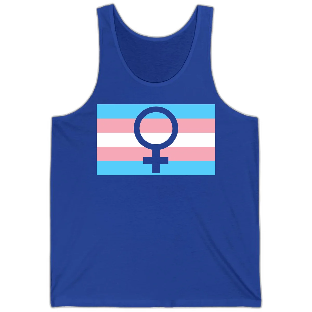 Gray female symbol centered on trans pride flag with cyan, pink, and white horizontal stripes in True Royal