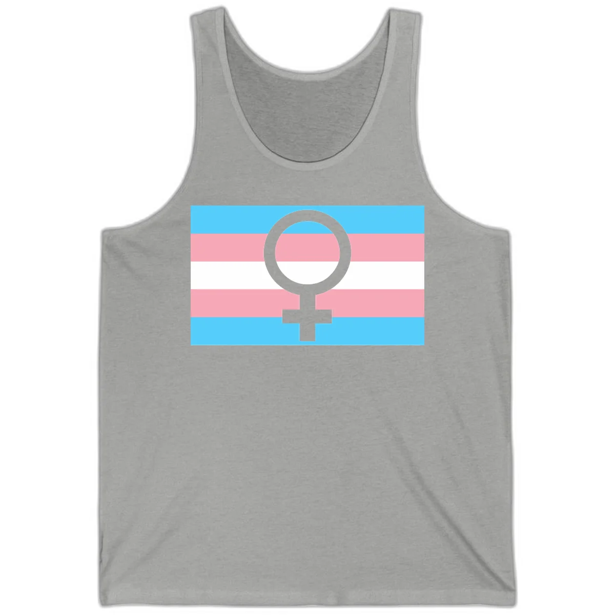 Gray female symbol centered on trans pride flag with cyan, pink, and white horizontal stripes in Athletic Heather