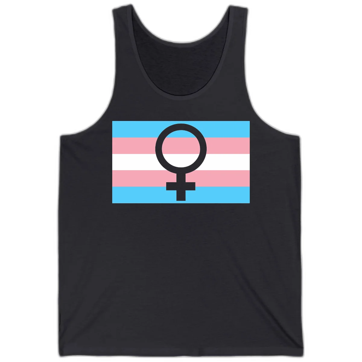 Gray female symbol centered on trans pride flag with cyan, pink, and white horizontal stripes in Dark Grey