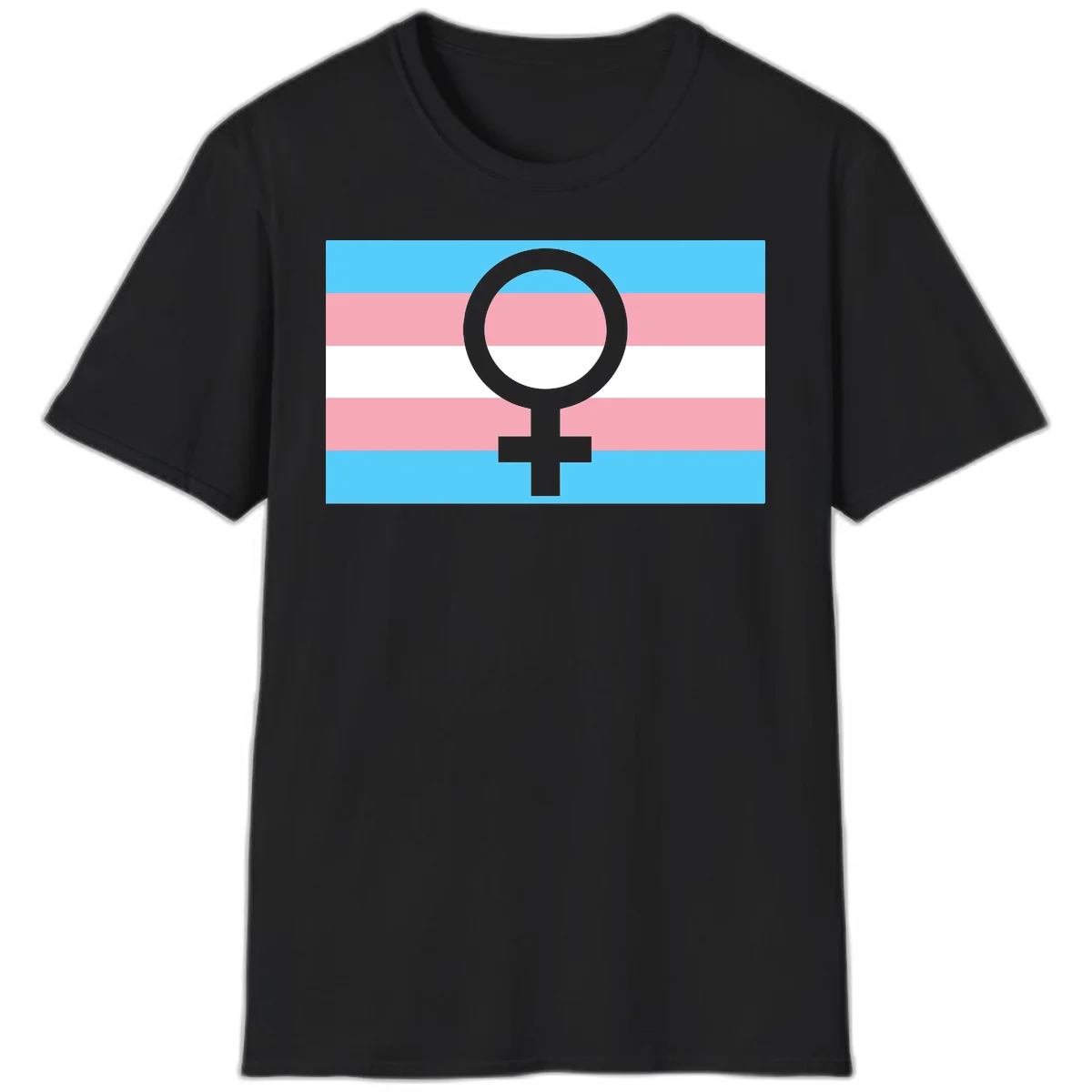 Gray female symbol centered on trans pride flag with cyan, pink, and white horizontal stripes in Black