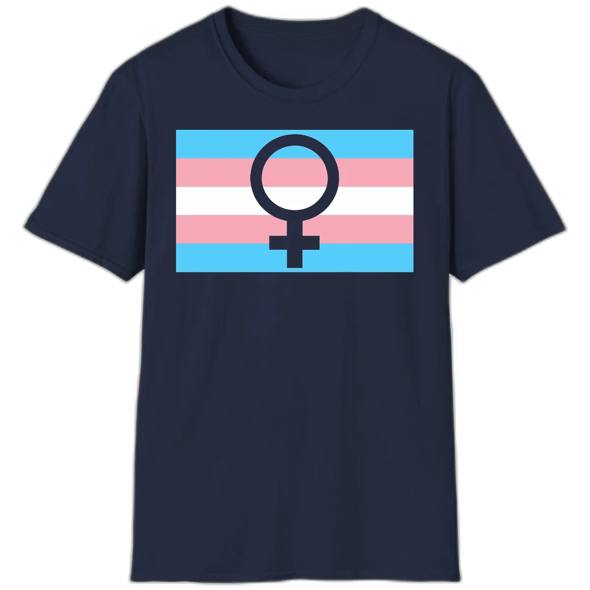 Gray female symbol centered on trans pride flag with cyan, pink, and white horizontal stripes in Navy