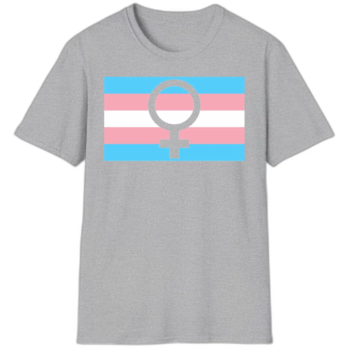 Gray female symbol centered on trans pride flag with cyan, pink, and white horizontal stripes in Sport Grey