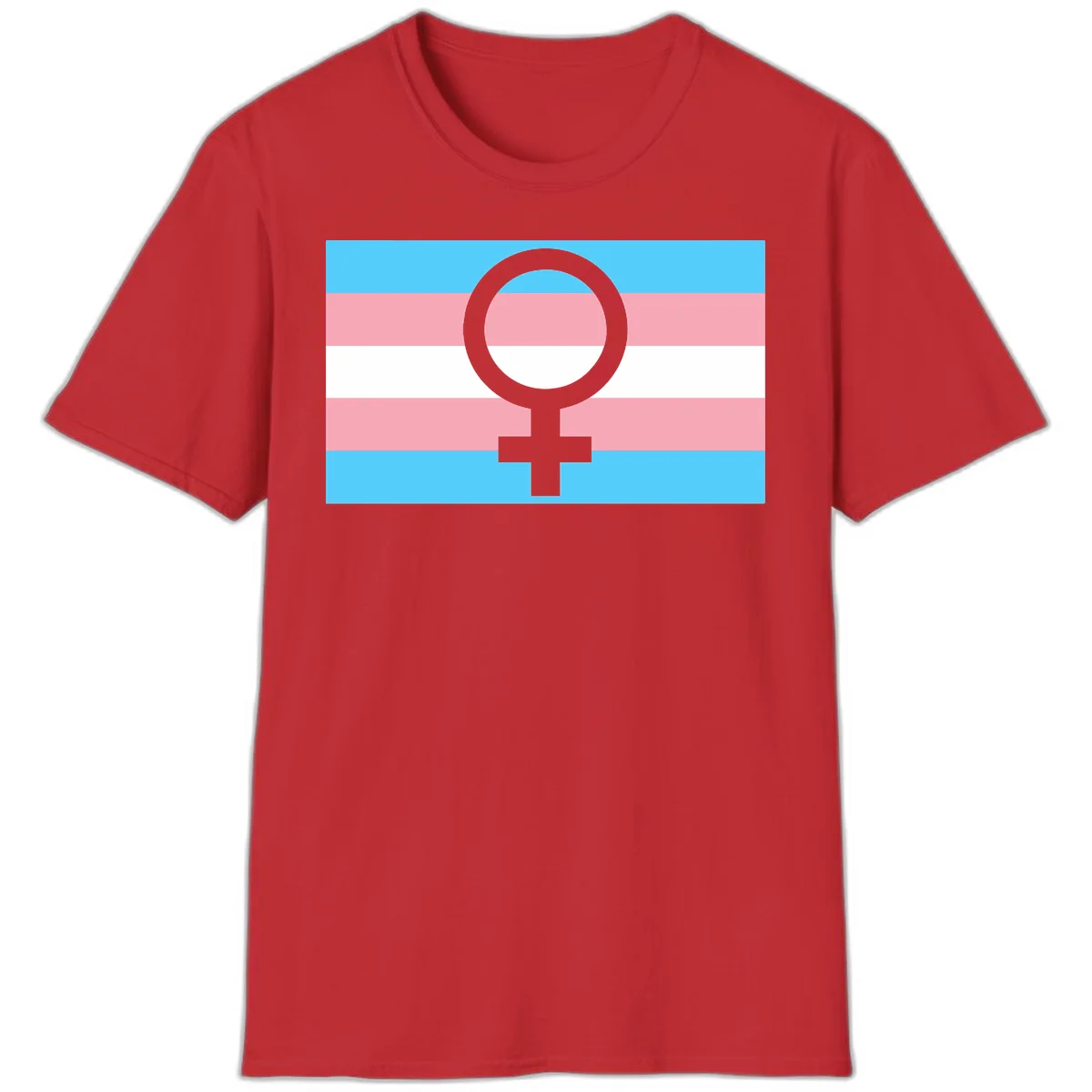 Gray female symbol centered on trans pride flag with cyan, pink, and white horizontal stripes in Red