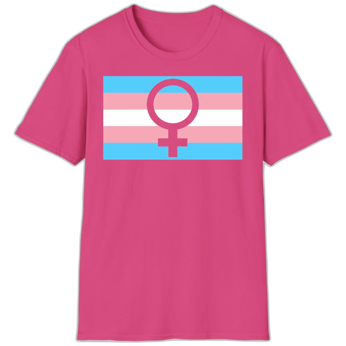 Gray female symbol centered on trans pride flag with cyan, pink, and white horizontal stripes in Heliconia
