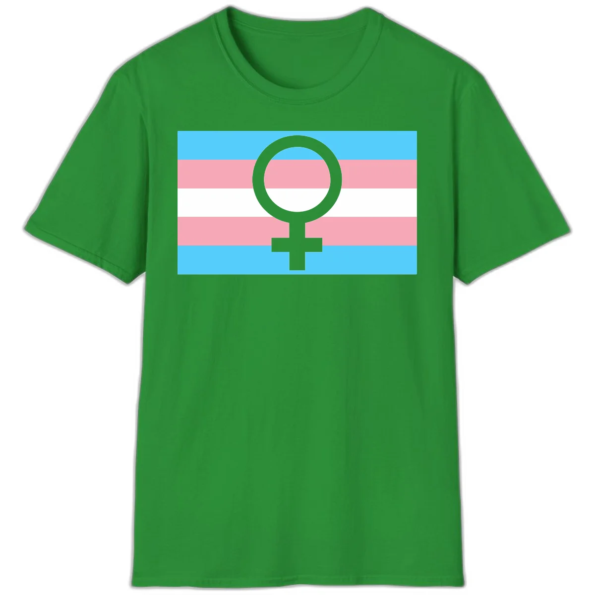 Gray female symbol centered on trans pride flag with cyan, pink, and white horizontal stripes in Irish Green