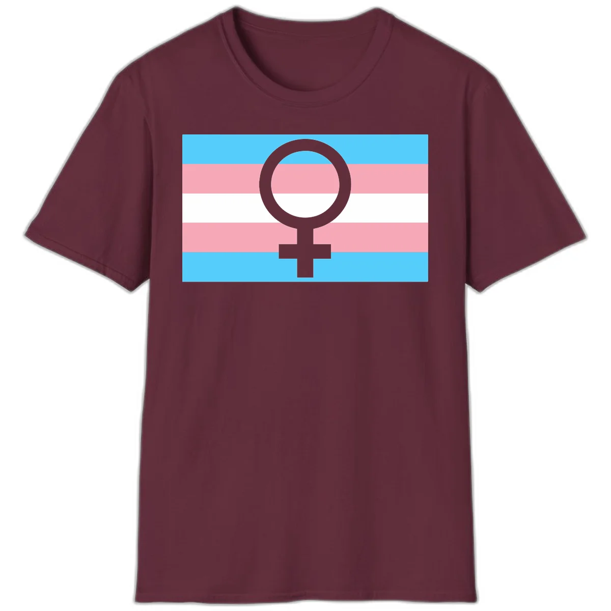 Gray female symbol centered on trans pride flag with cyan, pink, and white horizontal stripes in Maroon