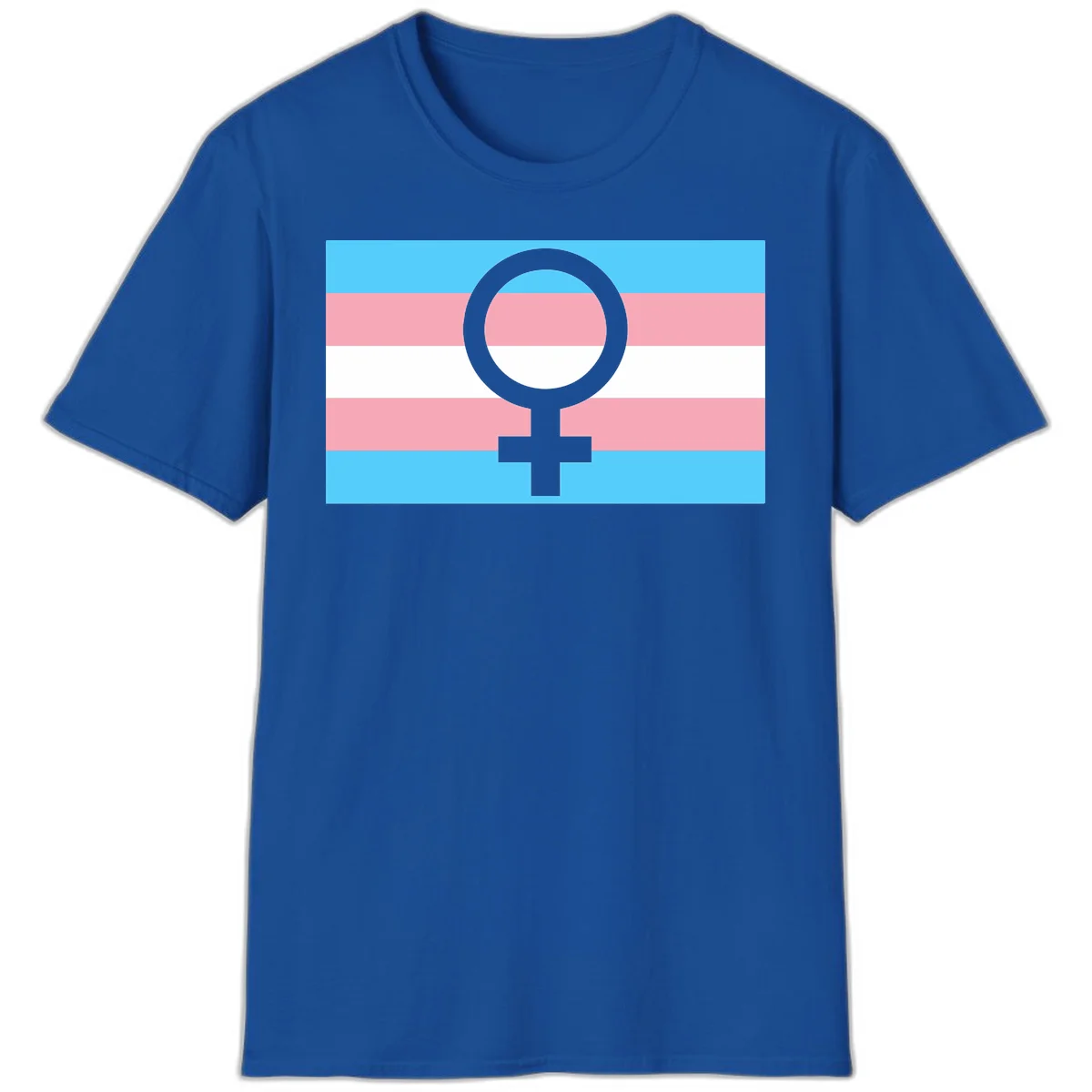 Gray female symbol centered on trans pride flag with cyan, pink, and white horizontal stripes in Royal