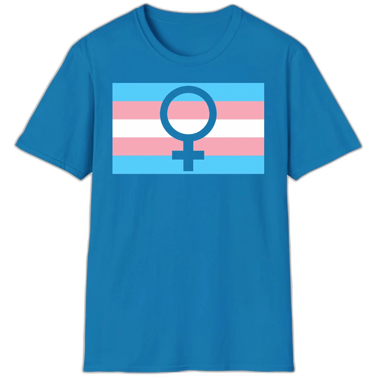 Gray female symbol centered on trans pride flag with cyan, pink, and white horizontal stripes in Sapphire