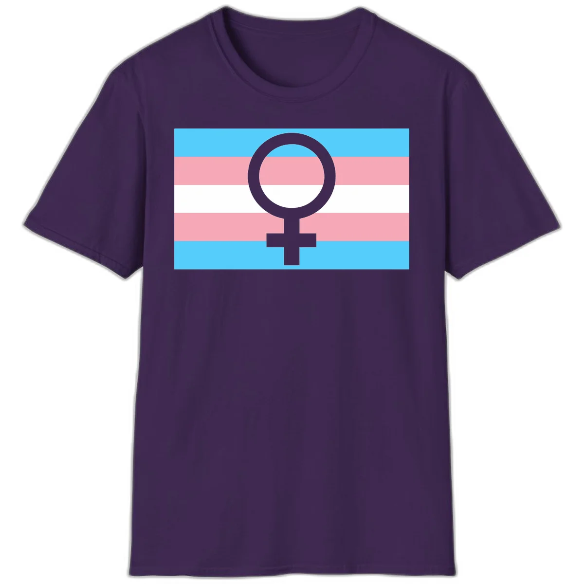 Gray female symbol centered on trans pride flag with cyan, pink, and white horizontal stripes in Purple