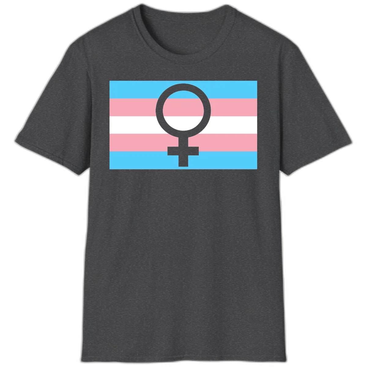 Gray female symbol centered on trans pride flag with cyan, pink, and white horizontal stripes in Dark Heather