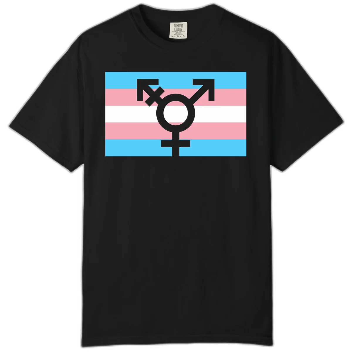 Transgender pride flag with gray transgender symbol centered on light blue, pink, and white horizontal stripes in Black