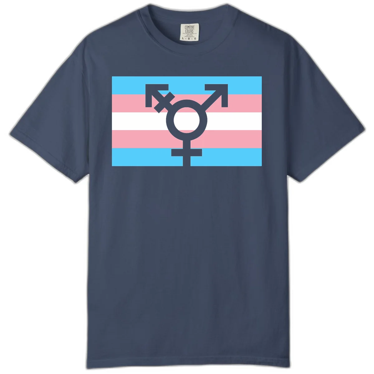 Transgender pride flag with gray transgender symbol centered on light blue, pink, and white horizontal stripes in Midnight