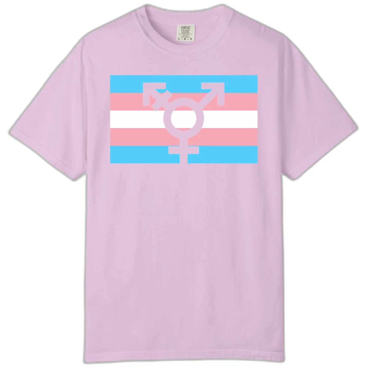 Transgender pride flag with gray transgender symbol centered on light blue, pink, and white horizontal stripes in Orchid