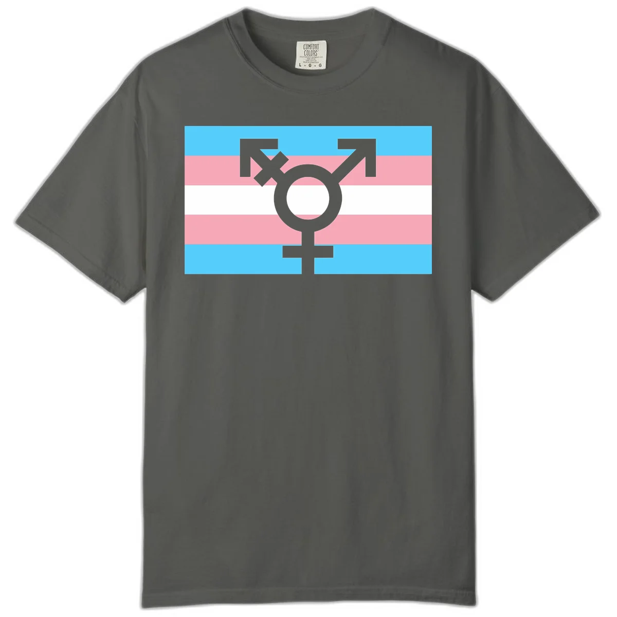 Transgender pride flag with gray transgender symbol centered on light blue, pink, and white horizontal stripes in Pepper
