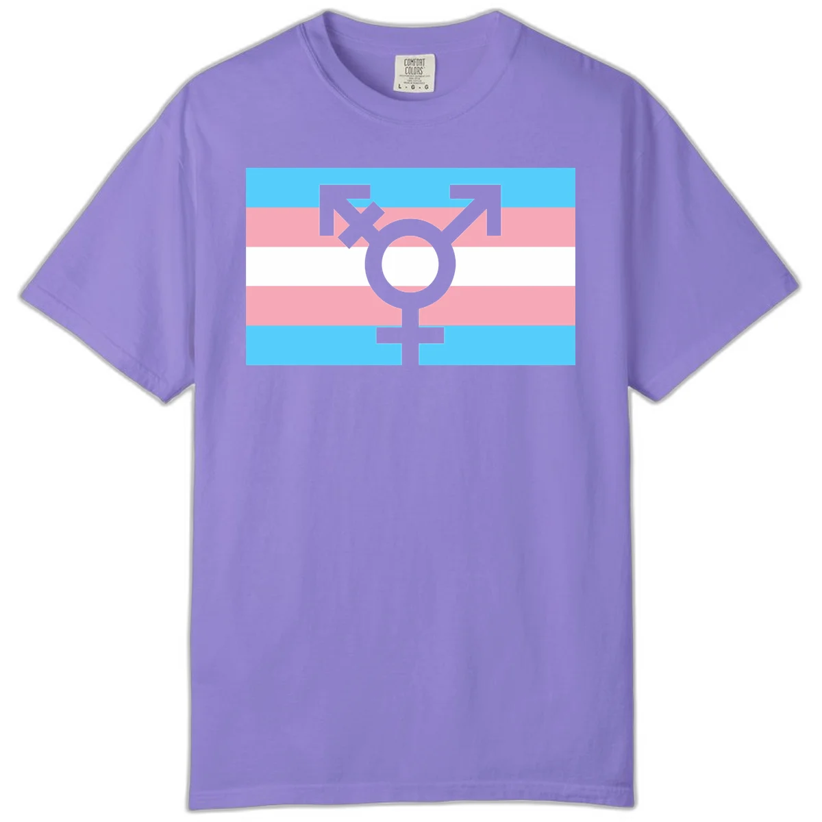Transgender pride flag with gray transgender symbol centered on light blue, pink, and white horizontal stripes in Violet