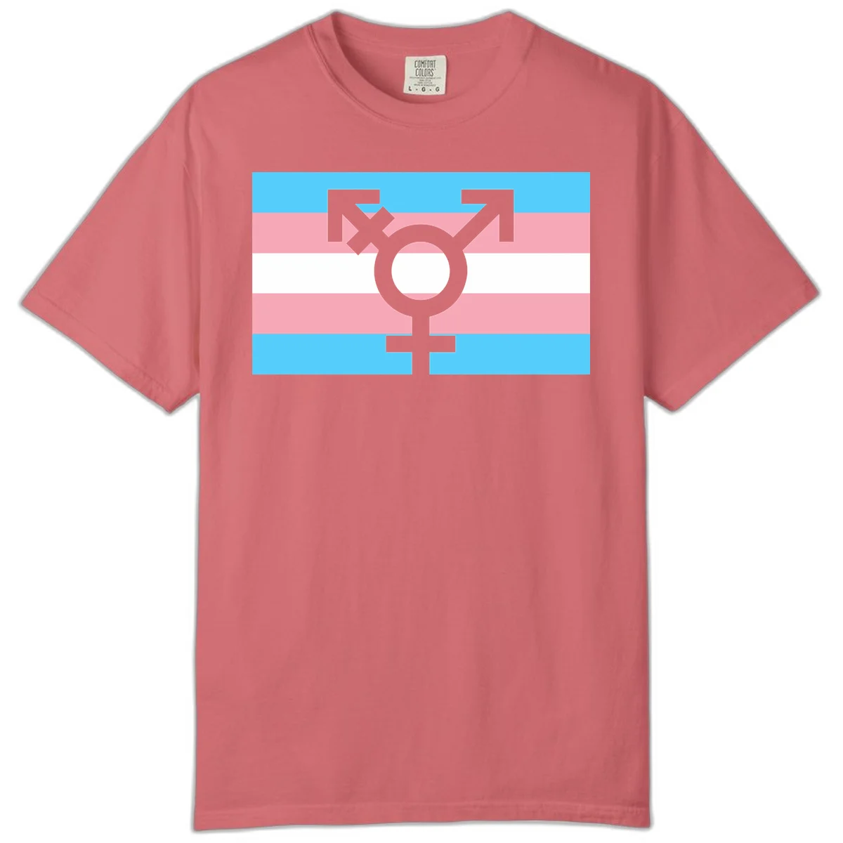 Transgender pride flag with gray transgender symbol centered on light blue, pink, and white horizontal stripes in Watermelon